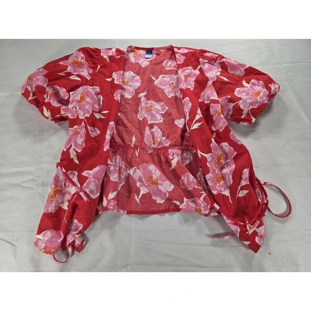 NWT Old Navy Floral‎ Puff Sleeve Wrap Top S Red Pink Cottagecore Peplum Babydoll